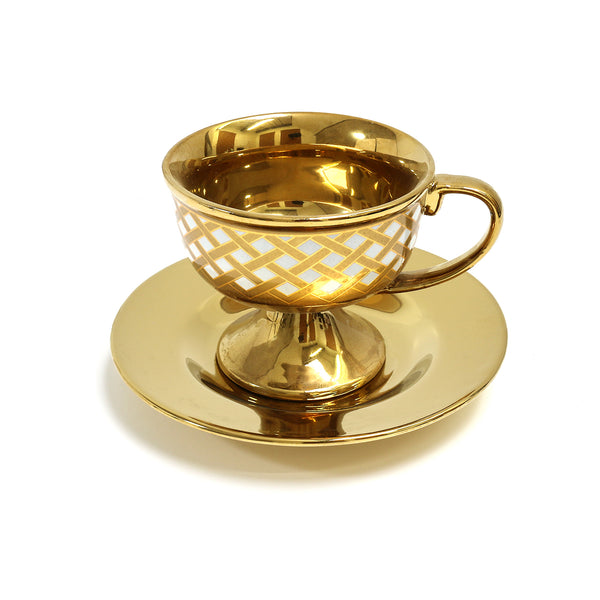 Set of 6 Golden Ceramic Eid / Ramadan Cups & Saucers - Gold Cross Pattern(XJ501-10)