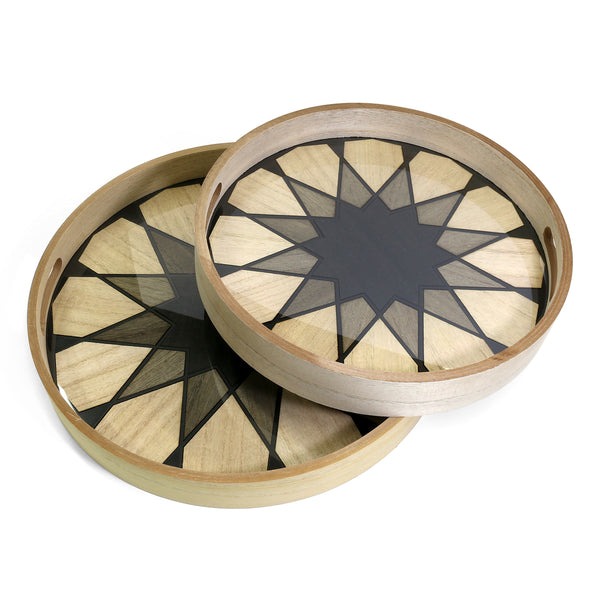 Set of 2 Circular Wooden Geometric Hexagon Star Printed Pattern Iftar Serving Trays