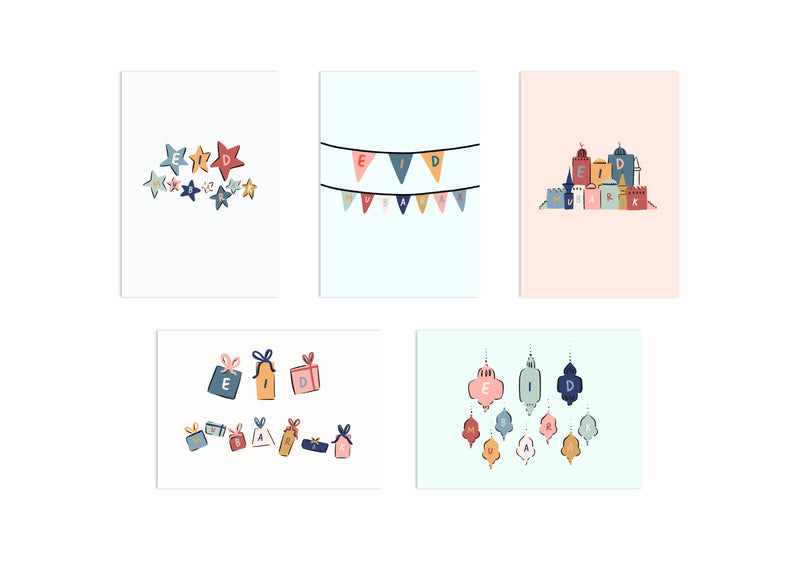 Pack of 10 Pastel Rectangle Eid Mubarak Cards