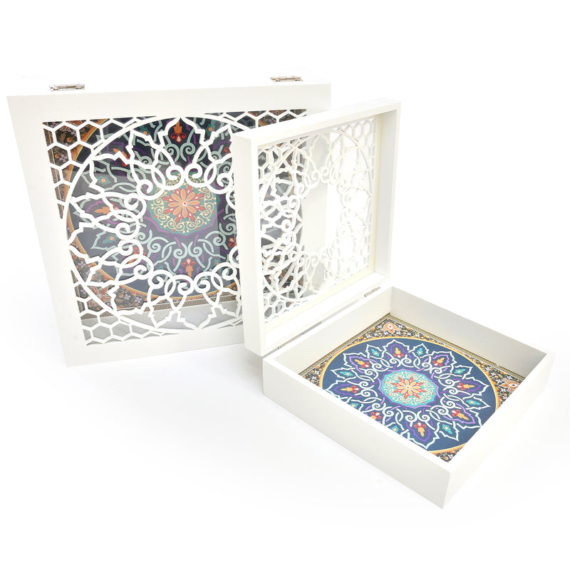 Medium & Large White & Blue Wooden Hinged Display Box w/ Clear/Mandala Window Lid