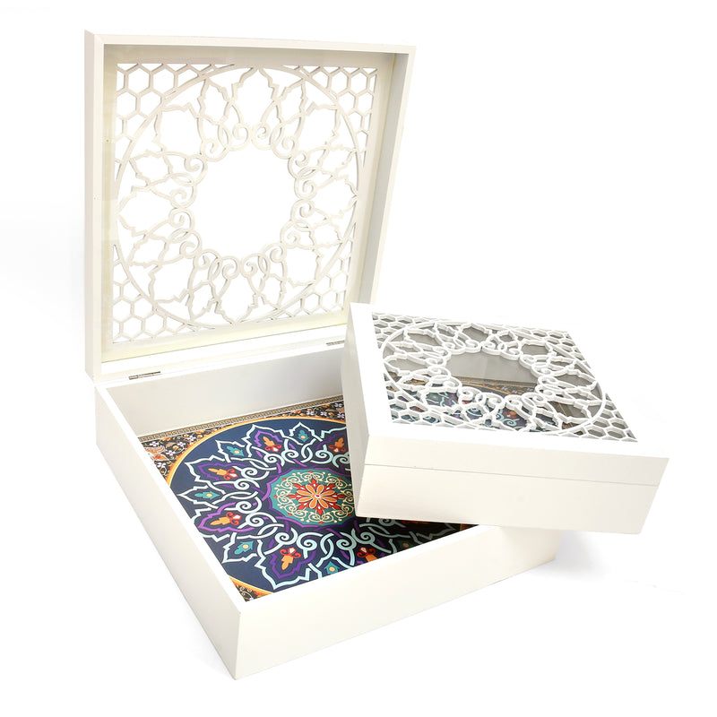 Medium & Large White & Blue Wooden Hinged Display Box w/ Clear/Mandala Window Lid