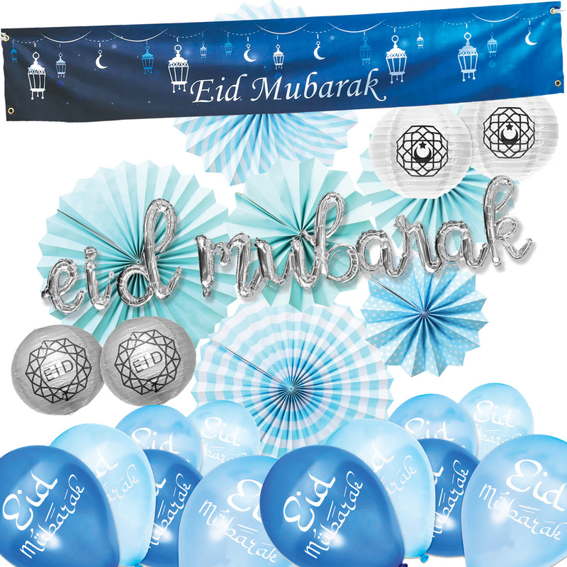 Silver Calligraphy Foil Balloons, Blue Lantern Banner, Latex Balloons, Lanterns & Fans Set (Set 23-22)