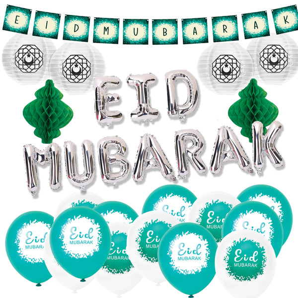 Silver 'Eid Mubarak' Foil Balloons, Card Bunting, Latex Balloons, Honeycomb & Lanterns Set (Set 23-24)