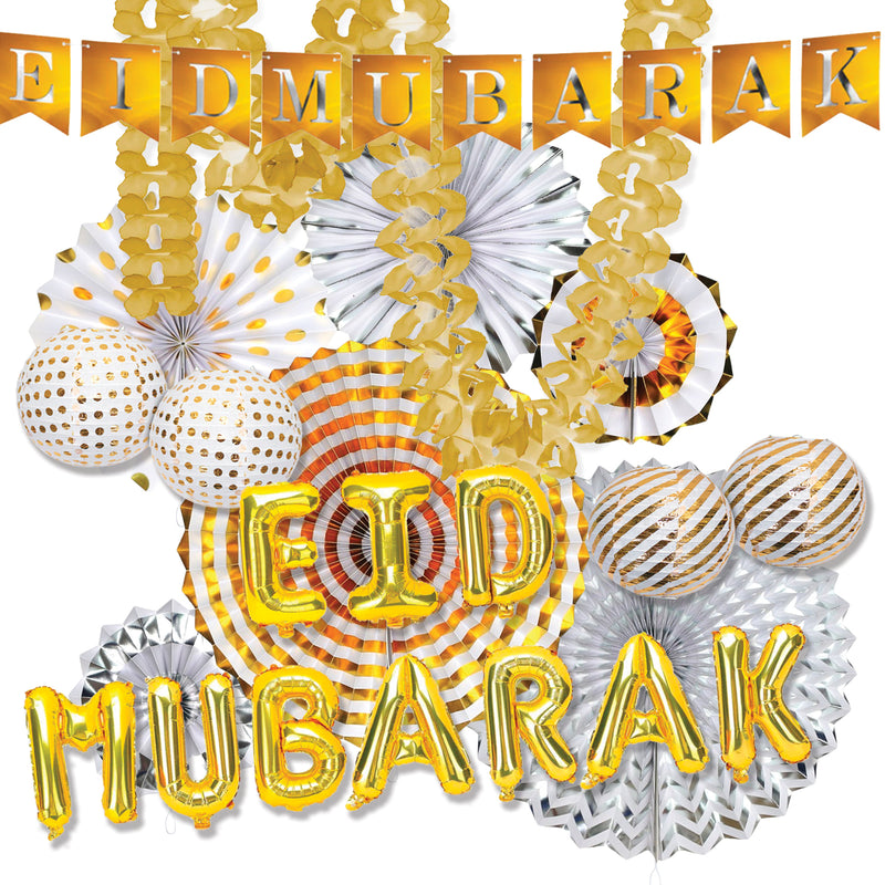 Gold 'Eid Mubarak' Foil Balloons, Card Bunting, Paper Lanterns, Garland & Fans Set (Set 23-25)