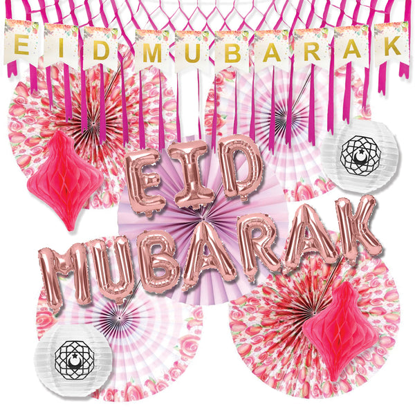 Rose Gold 'Eid Mubarak' Foil Balloons, Card Bunting, Paper Lanterns, Honeycomb, Garland & Fans Set (Set 23-27)