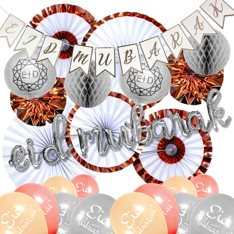 Silver Calligraphy 'Eid Mubarak' Foil Balloons, Card Bunting, Latex Balloons, Paper Lanterns, Honeycomb & Fans Set (Set 23-28)