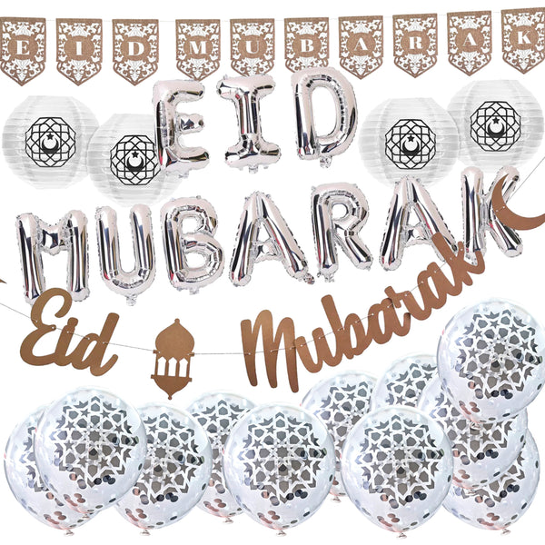 Silver 'Eid Mubarak' Foil Balloons, Hessian & Card Bunting, Geometric Balloons & White Lanterns Set (Set 23-1)
