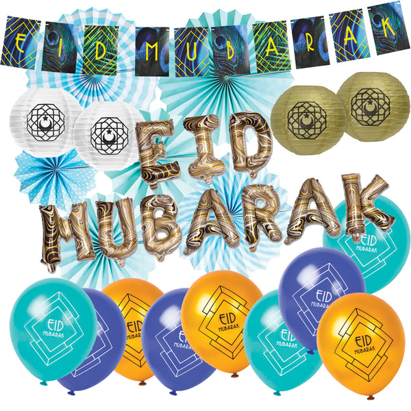 Marble 'Eid Mubarak' Foil Balloons, Blue Floral Card Bunting, Latex Balloons, Lanterns & Fans Set (Set 23-2)