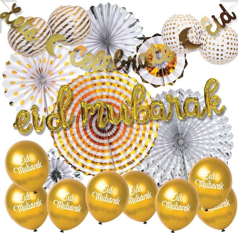 'Eid Mubarak' Calligraphy Foil Balloons, Celebrate Eid Banner, Latex Balloons, Lanterns & Fans Set (Set 23-5)