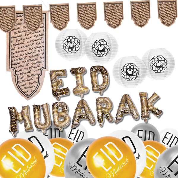 Marble 'Eid Mubarak' Foil Balloons, Hessian Bunting & Scroll, Latex Balloons & Lanterns Set (Set 23-8)