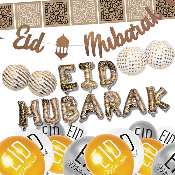 Marble 'Eid Mubarak' Foil Balloons, Hessian & Card Bunting, Latex Balloons & Lanterns Set (Set 23-12)
