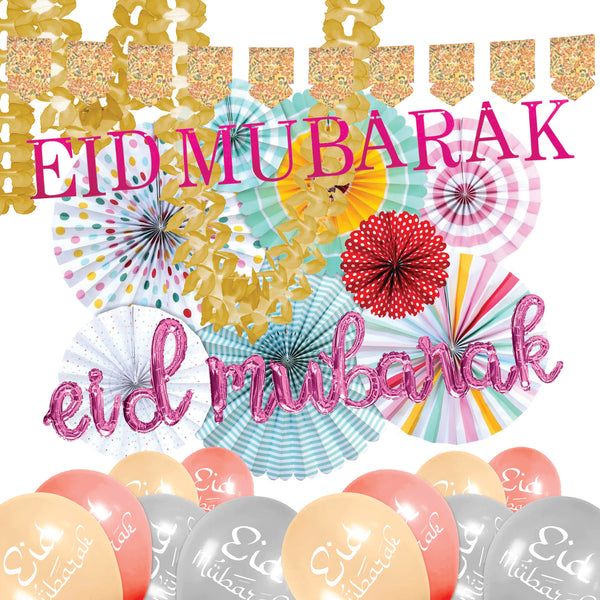 Pink Calligraphy 'Eid Mubarak' Foil Balloons, Hessian Bunting, Latex Balloons, Garland & Fans Set (Set 23-15)