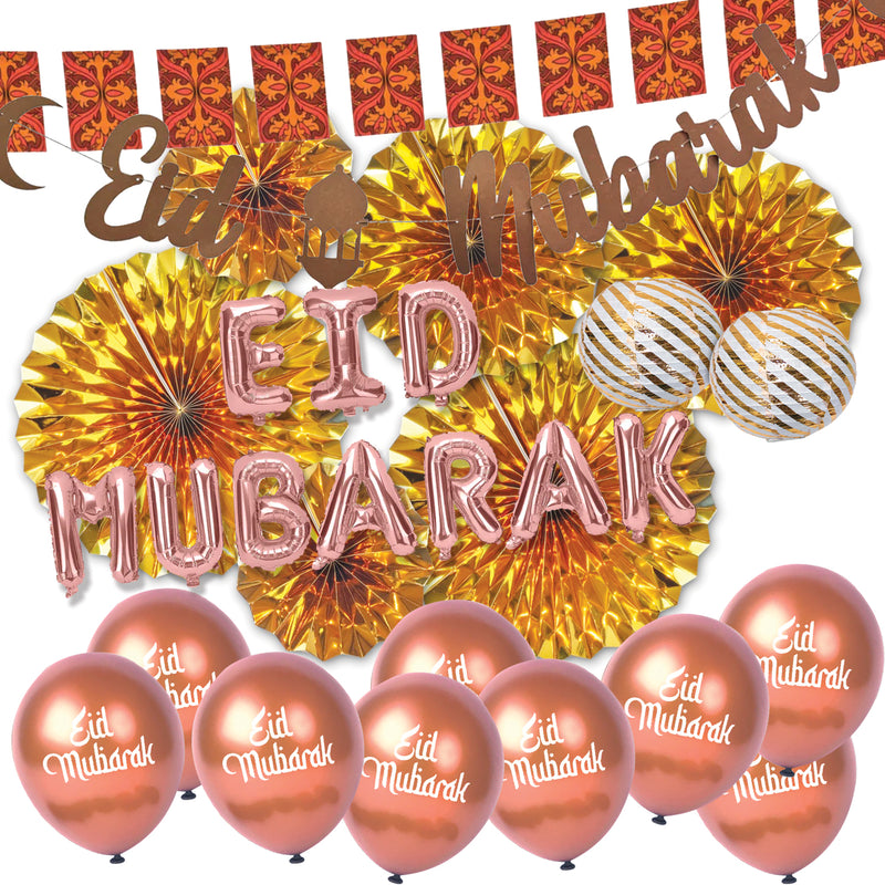Rose Gold 'Eid Mubarak' Foil Balloons, Persian Hessian Bunting, Latex Balloons, Lanterns & Fans Set (Set 23-16)