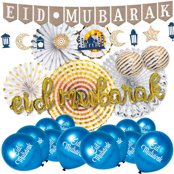 Gold Calligraphy 'Eid Mubarak' Foil Balloons, Hessian & Card Bunting, Latex Balloons, Lanterns & Fans Set (Set 23-18)