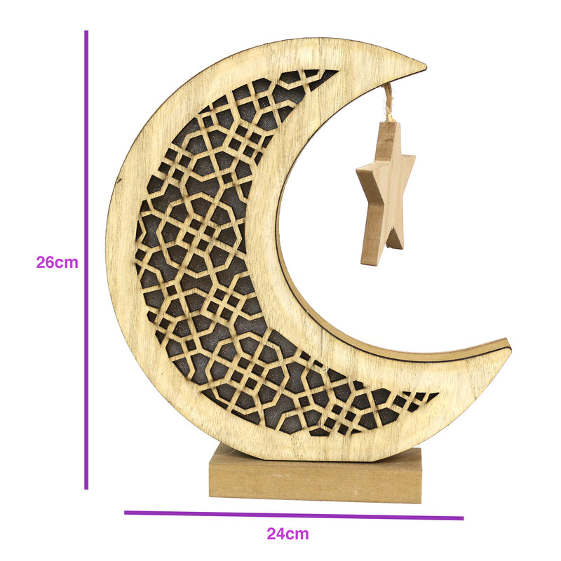 Wooden Cut Out Crescent Moon With Hanging Star Table Centre Decoration