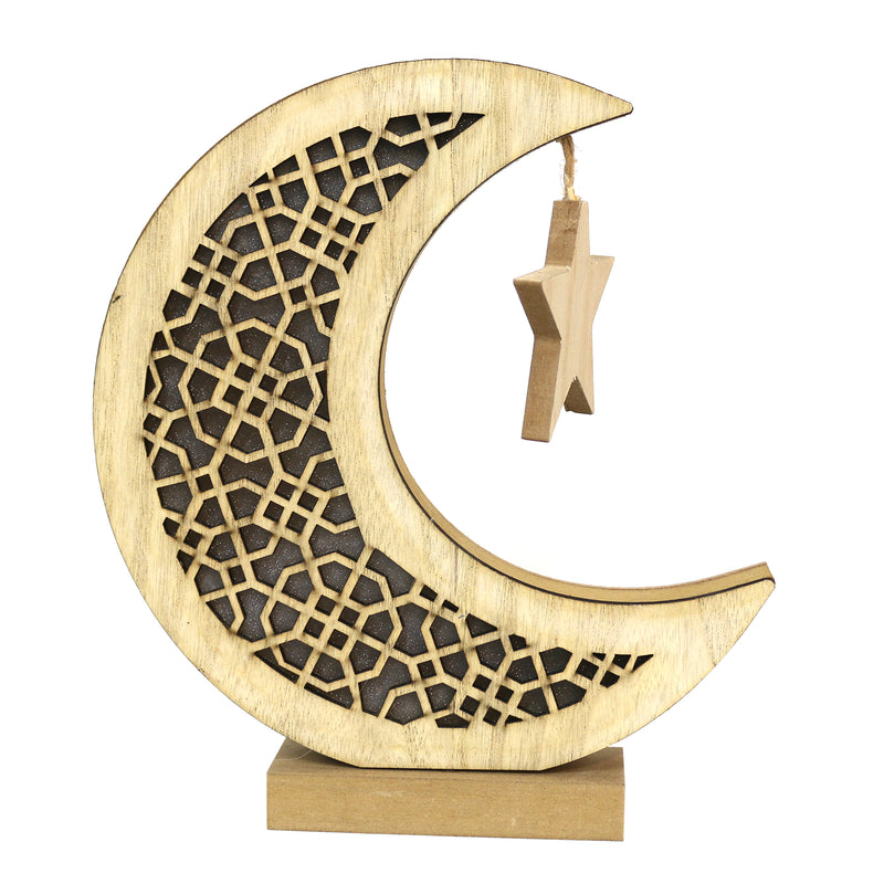 Wooden Cut Out Crescent Moon With Hanging Star Table Centre Decoration