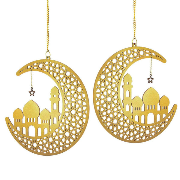 Set of 2 Gold Wooden Ramadan / Eid Crescent Moon & Mosque Hanging Decorations