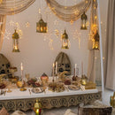 Gold & Natural Wooden Cut Out Crescent Moon With Mosque Silhouette Table Centre Decoration