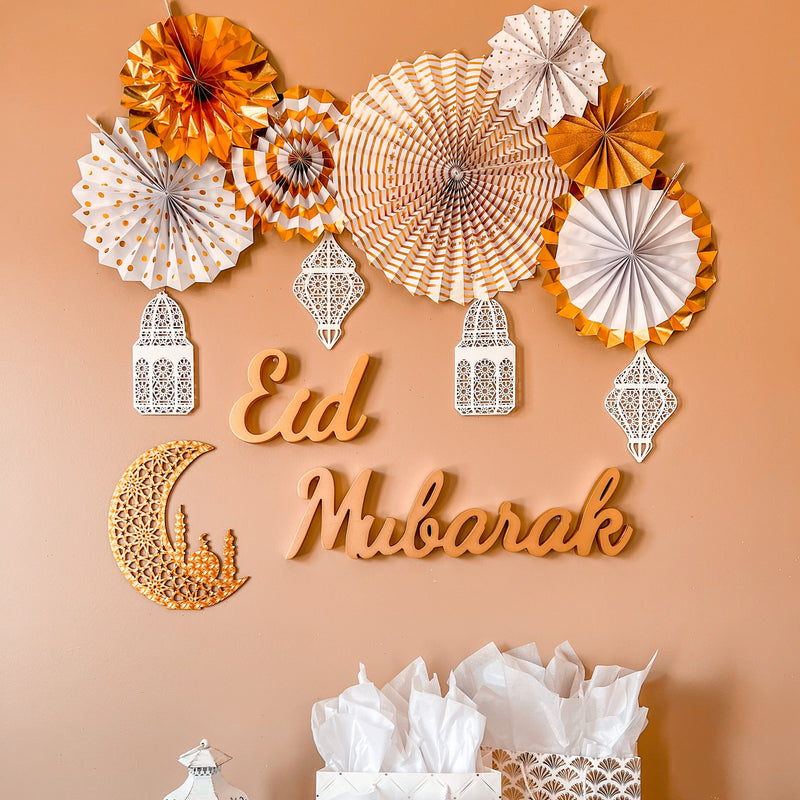 Set of 2 White Geometric Pattern Wooden Ramadan / Eid Lantern Hanging Decorations