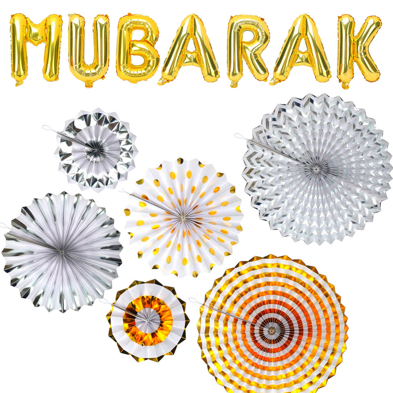 Gold Mubarak Foil Balloons + Set of 6 Gold & Silver Concertina Fan Decorations