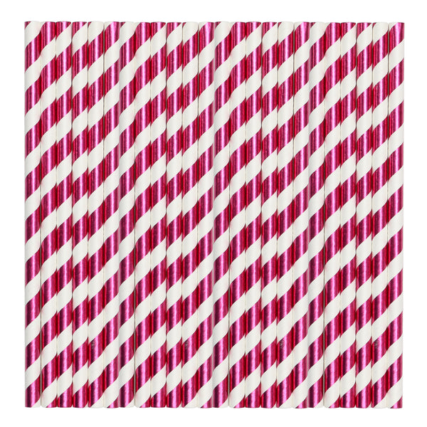 White & Fuchsia Metallic Stripe Paper Party Straws