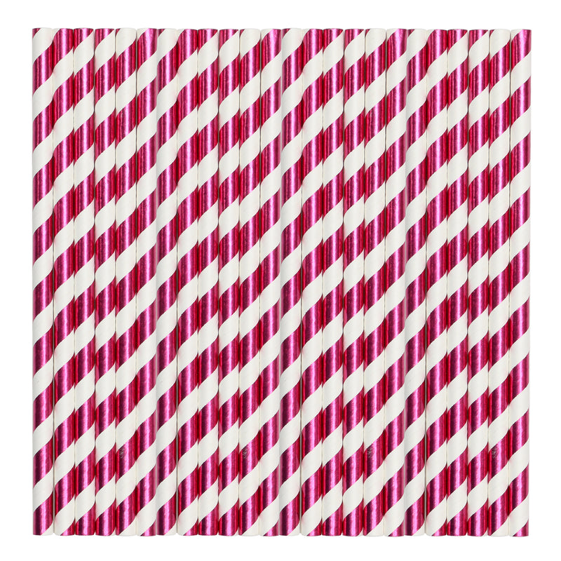White & Fuchsia Metallic Stripe Paper Party Straws