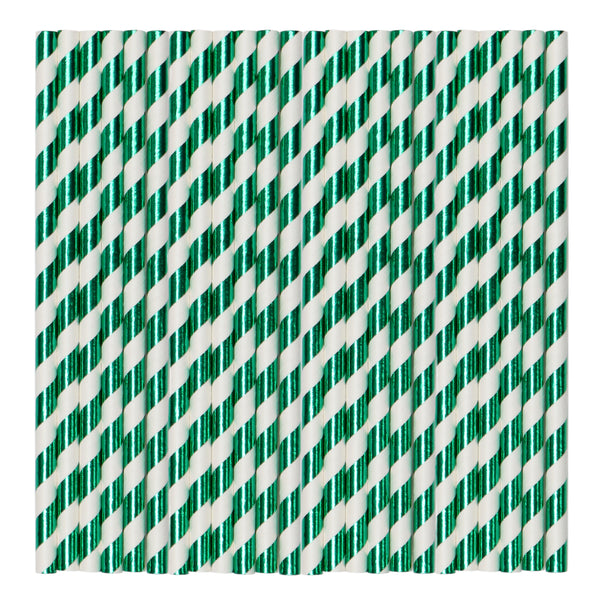 Green & White Metallic Stripe Paper Party Straws