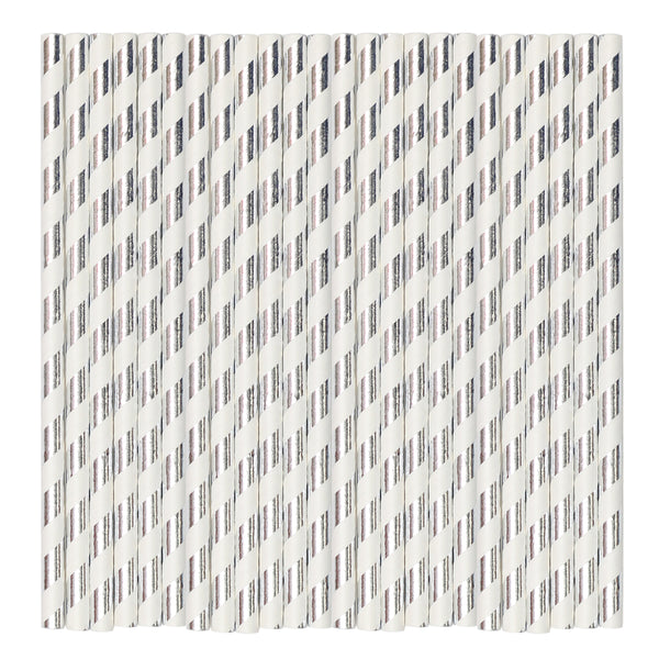 White & Silver Metallic Stripe Paper Party Straws