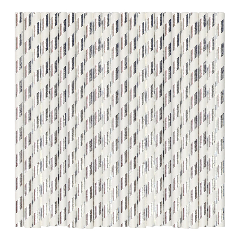 White & Silver Metallic Stripe Paper Party Straws