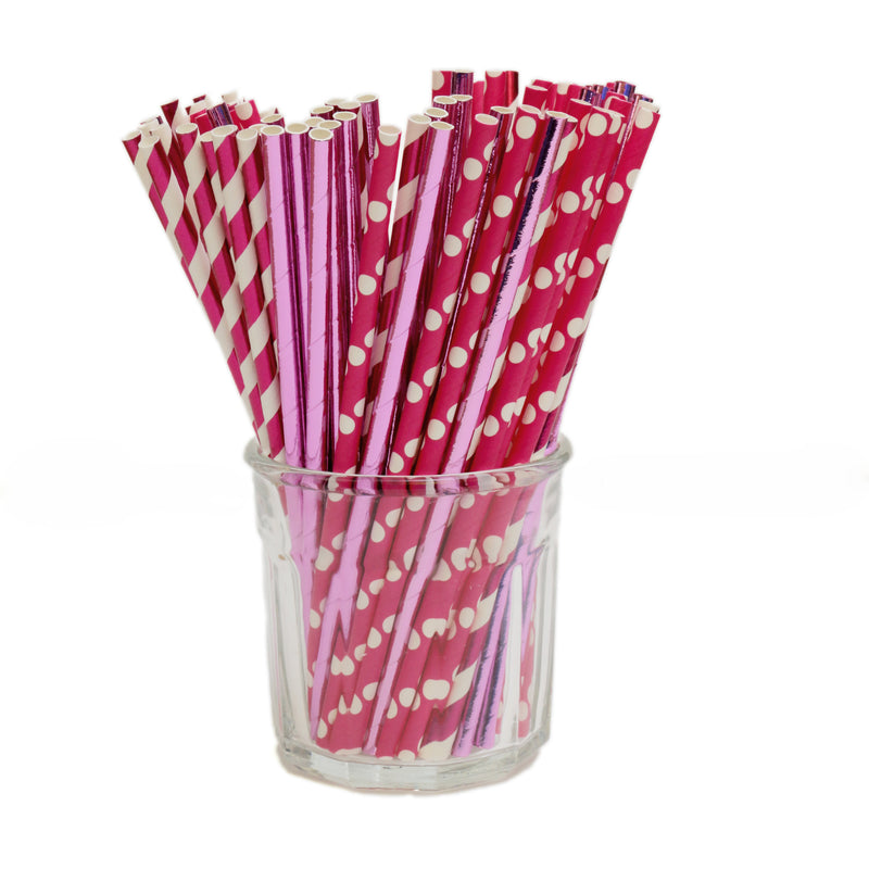 White & Fuchsia Metallic Stripe Paper Party Straws