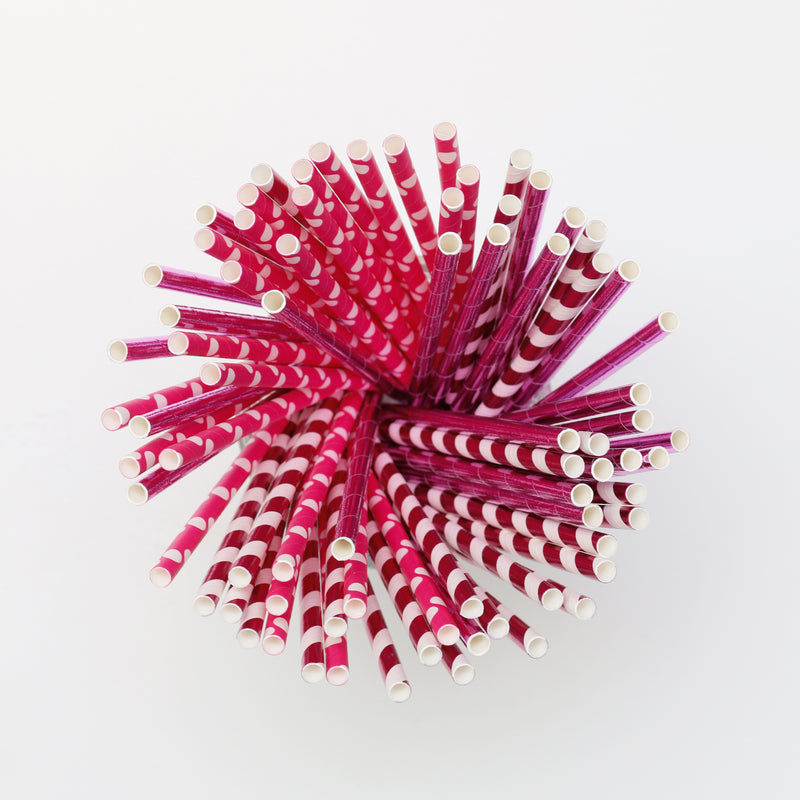 White & Fuchsia Metallic Stripe Paper Party Straws