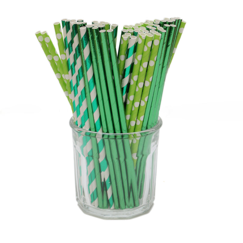 Green & White Metallic Stripe Paper Party Straws
