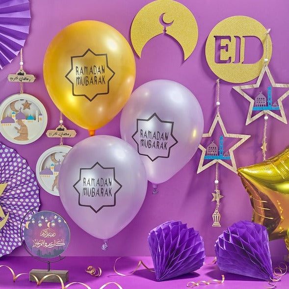 Gold & Purple Ramadan Mubarak Star Balloons (12 Pack)