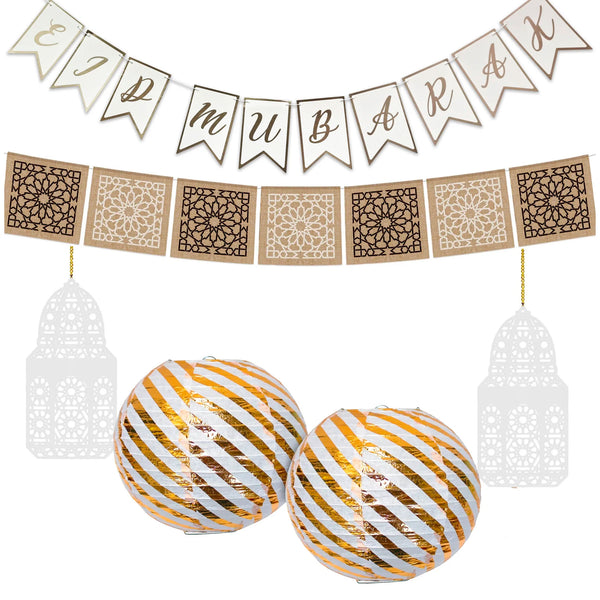 Eid al-Adha / Bakra / Kurban Bayram: White Bunting, Hessian Bunting, Gold Lantern, White Wooden Lantern &  Decoration SET 40