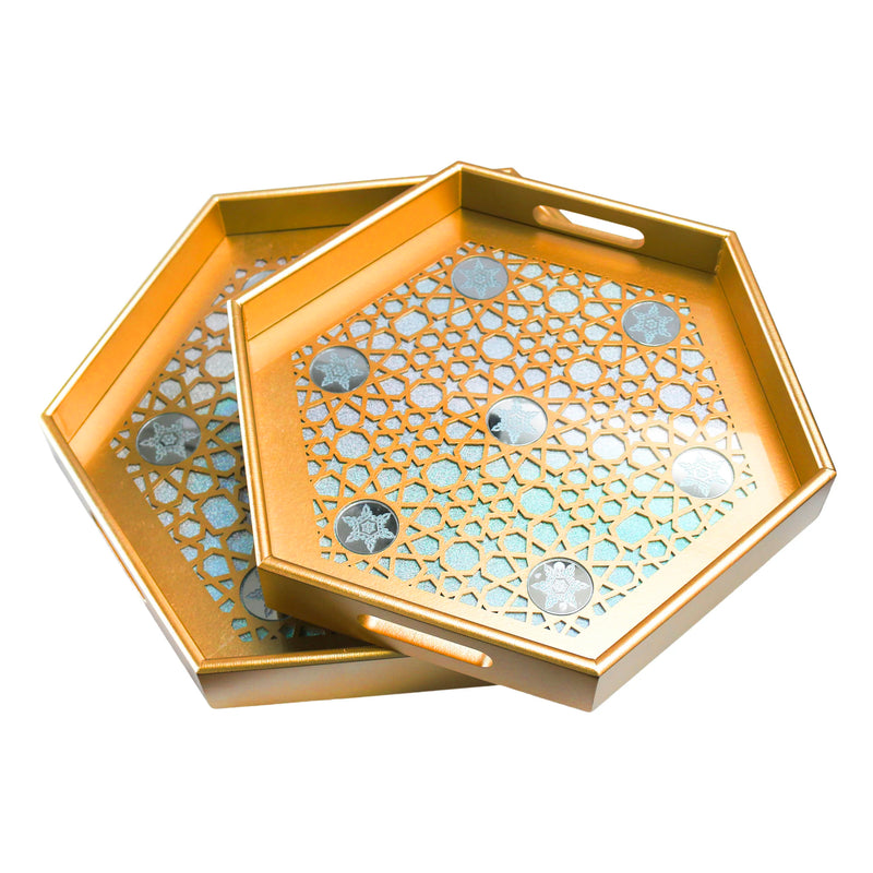 Set of 2 Golden Hexagonal Wooden Inlay Pearlescent Glitter Serving Trays