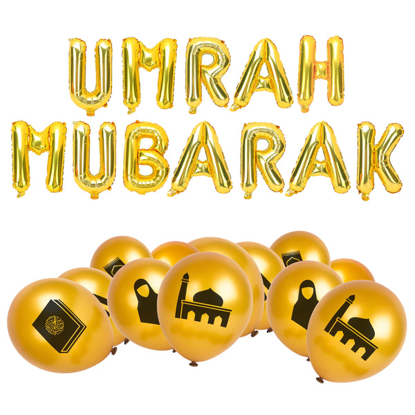 Gold Foil "Umrah Mubarak" Balloons w/ 20 x Islamic Symbol Balloons