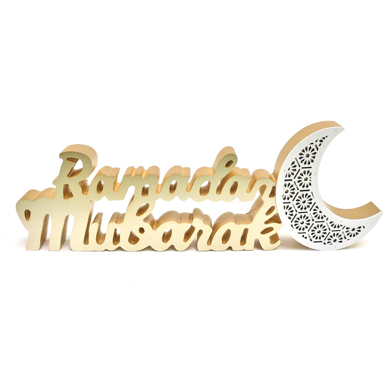 Gold & White Wooden "Ramadan Mubarak" & Moon Decoration / Table Centre Piece