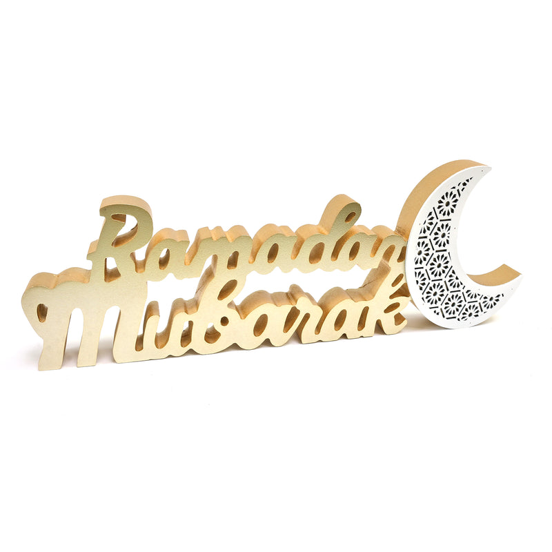 Gold & White Wooden "Ramadan Mubarak" & Moon Decoration / Table Centre Piece