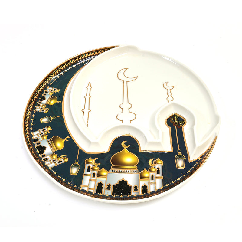 Large White & Emerald Green Moon & Mosque Shaped Ceramic Serving Plate