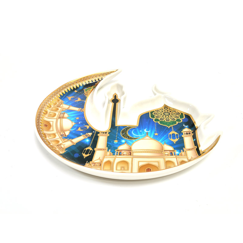 Small Gold, Blue & White Moon & Mosque Shaped Ceramic Serving Plate