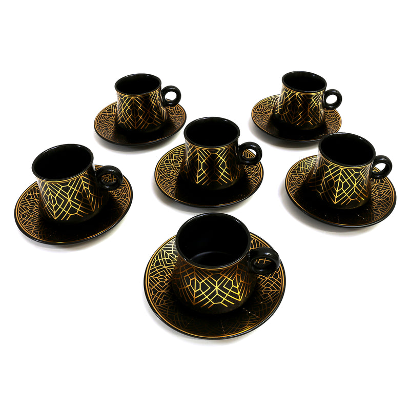 Set of 6 Ceramic Cups & Saucers - Black & Gold Lined Diamond Pattern (C23-2)