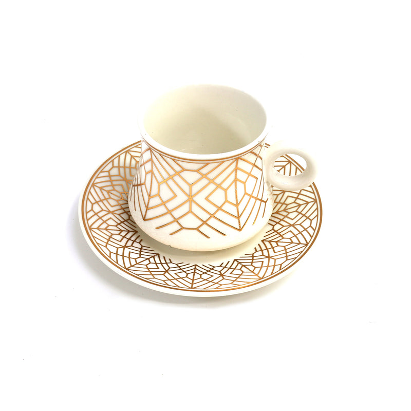 Set of 6 Ceramic Cups & Saucers - White & Gold Lined Diamond Pattern (C23-1)