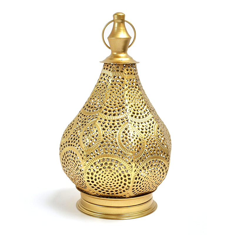 Gold Metal Perforated Decorative LED Tea Light Candle Hanging Table Lantern