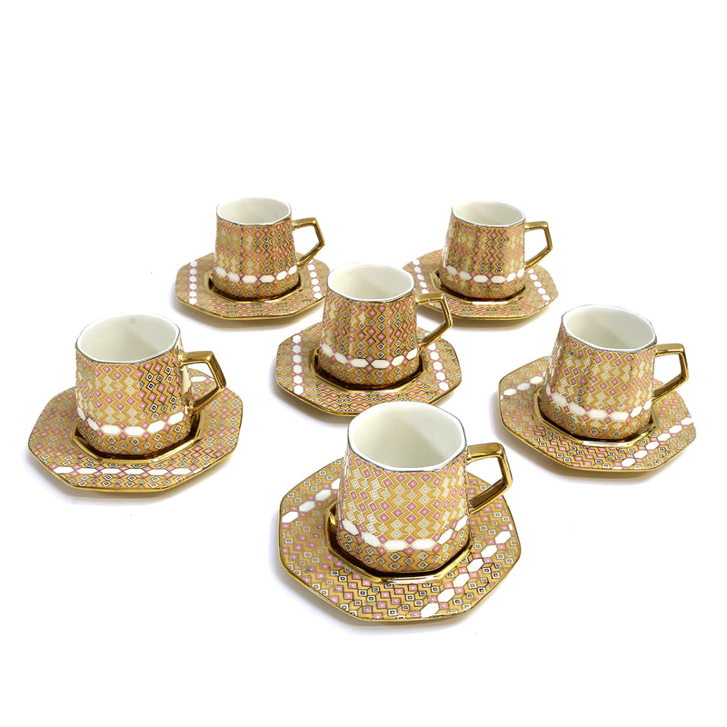 Set of 6 Ceramic Cups & Saucers - Gold, Pink & White Aztec Pattern (XJ514-2)
