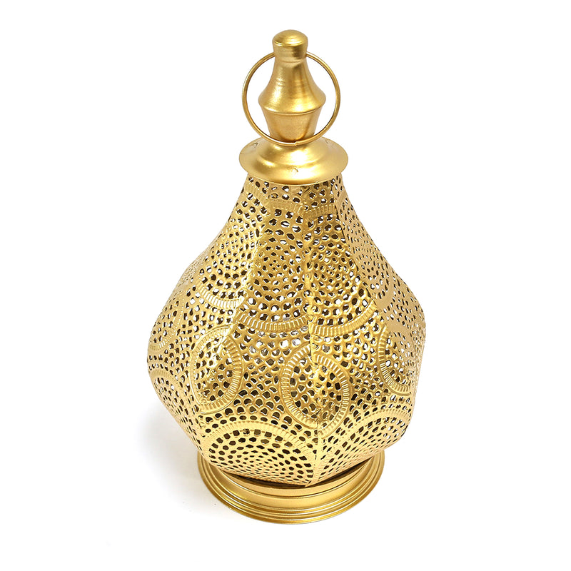 Gold Metal Perforated Decorative LED Tea Light Candle Hanging Table Lantern