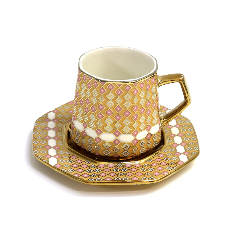 Set of 6 Ceramic Cups & Saucers - Gold, Pink & White Aztec Pattern (XJ514-2)