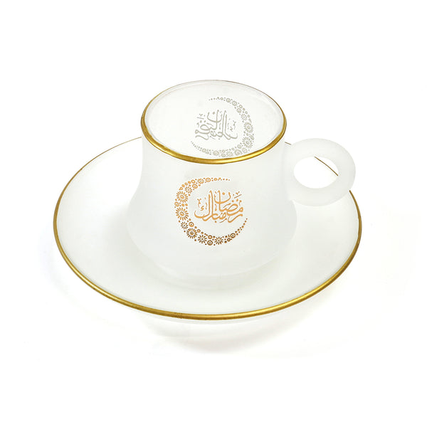 Set of 6 Frosted Glass Print Cups & White Saucers (C23-8)