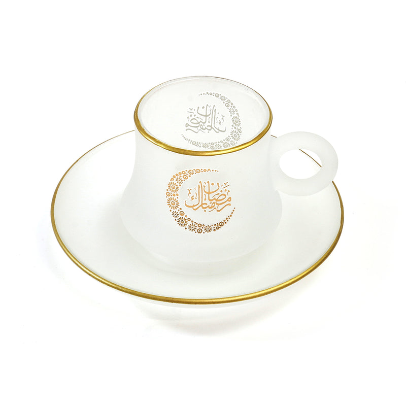 Set of 6 Frosted Glass Print Cups & White Saucers (C23-8)