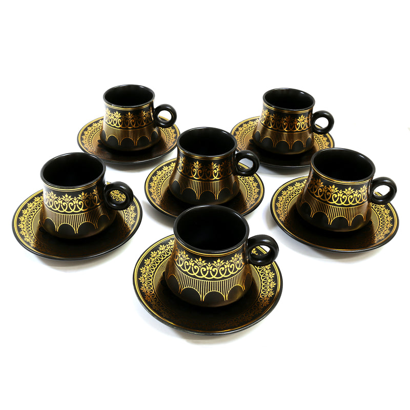 Set of 6 Ceramic Cups & Saucers - Black & Gold Lined Floral Pattern (C23-6)