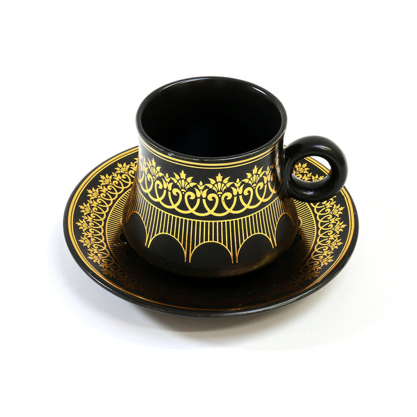 Set of 6 Ceramic Cups & Saucers - Black & Gold Lined Floral Pattern (C23-6)